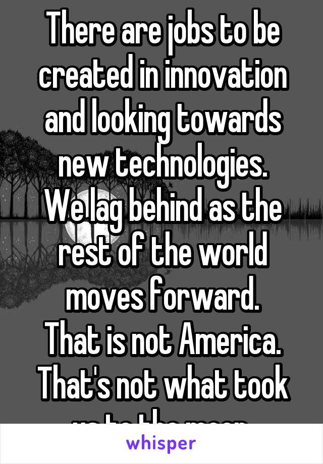 There are jobs to be created in innovation and looking towards new technologies.
We lag behind as the rest of the world moves forward.
That is not America.
That's not what took us to the moon.