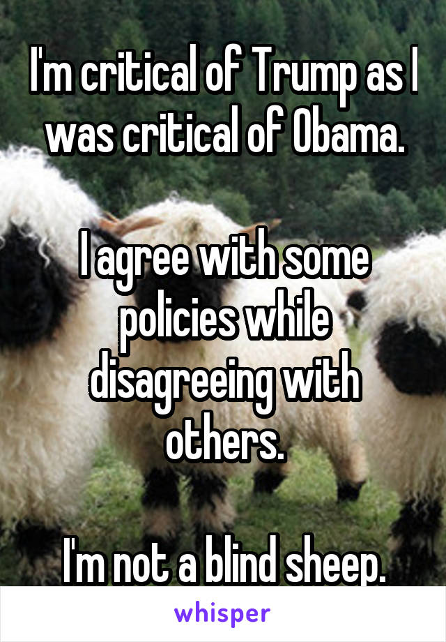 I'm critical of Trump as I was critical of Obama.

I agree with some policies while disagreeing with others.

I'm not a blind sheep.