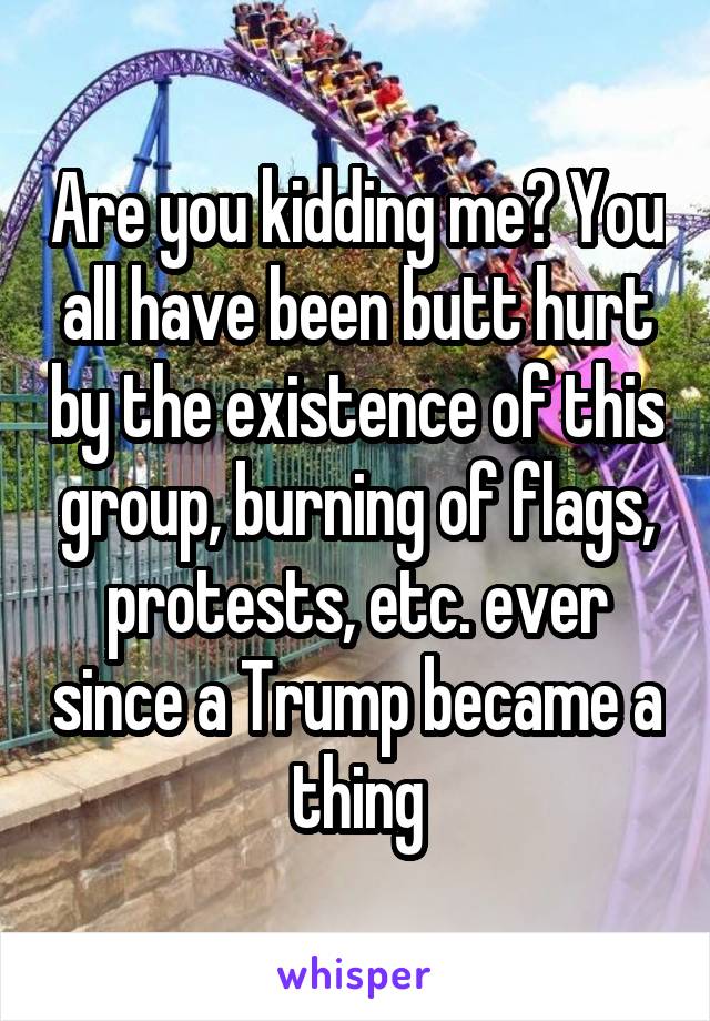 Are you kidding me? You all have been butt hurt by the existence of this group, burning of flags, protests, etc. ever since a Trump became a thing