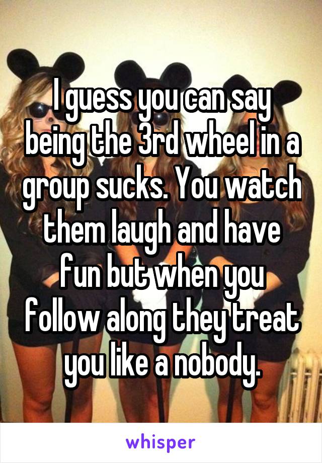 I guess you can say being the 3rd wheel in a group sucks. You watch them laugh and have fun but when you follow along they treat you like a nobody.