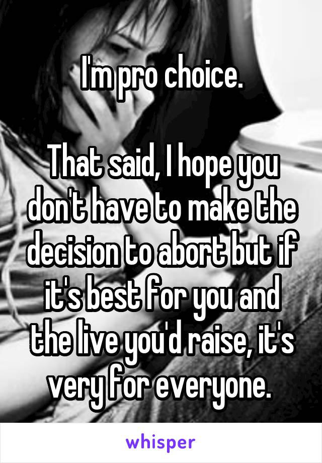 I'm pro choice.

That said, I hope you don't have to make the decision to abort but if it's best for you and the live you'd raise, it's very for everyone. 