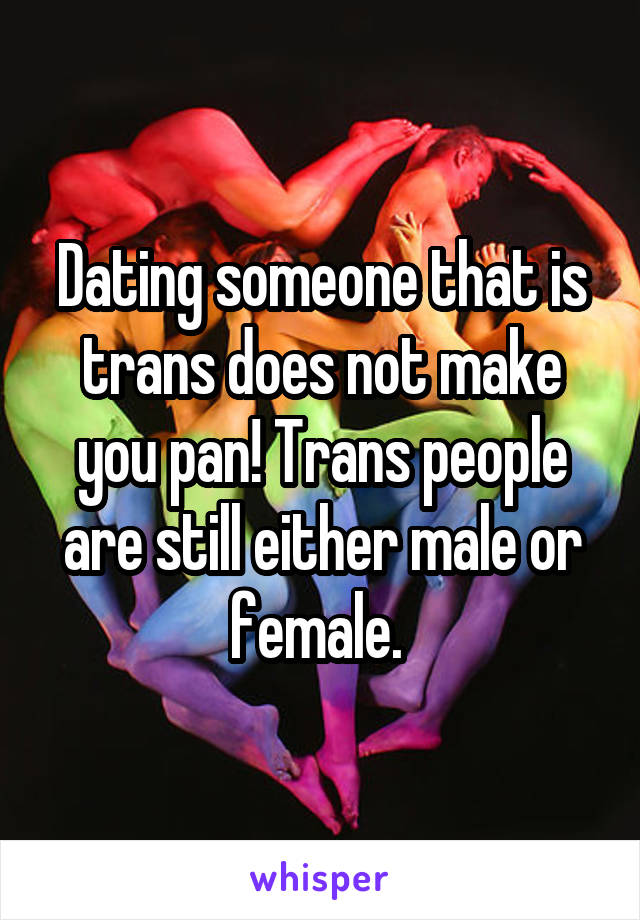 Dating someone that is trans does not make you pan! Trans people are still either male or female. 