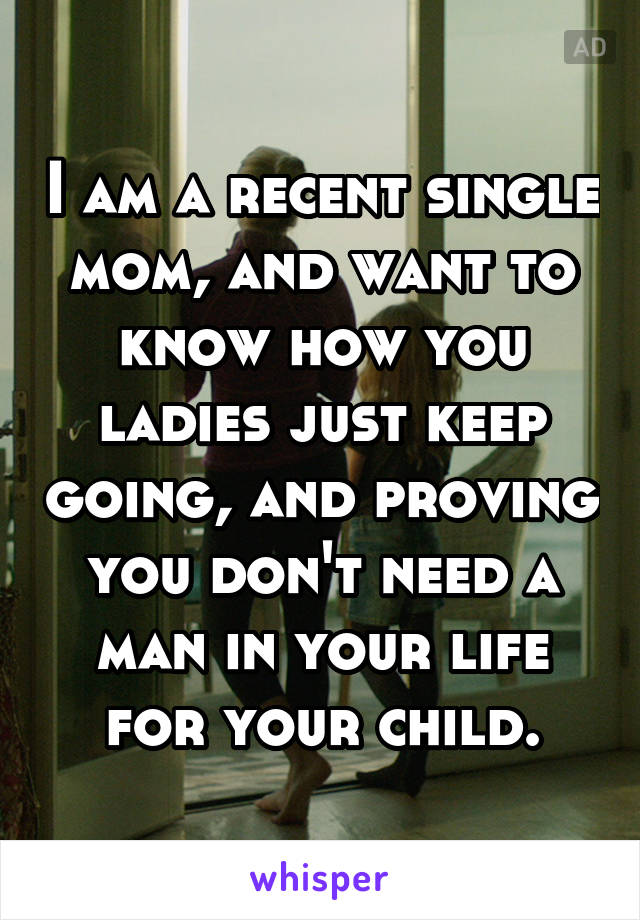 I am a recent single mom, and want to know how you ladies just keep going, and proving you don't need a man in your life for your child.