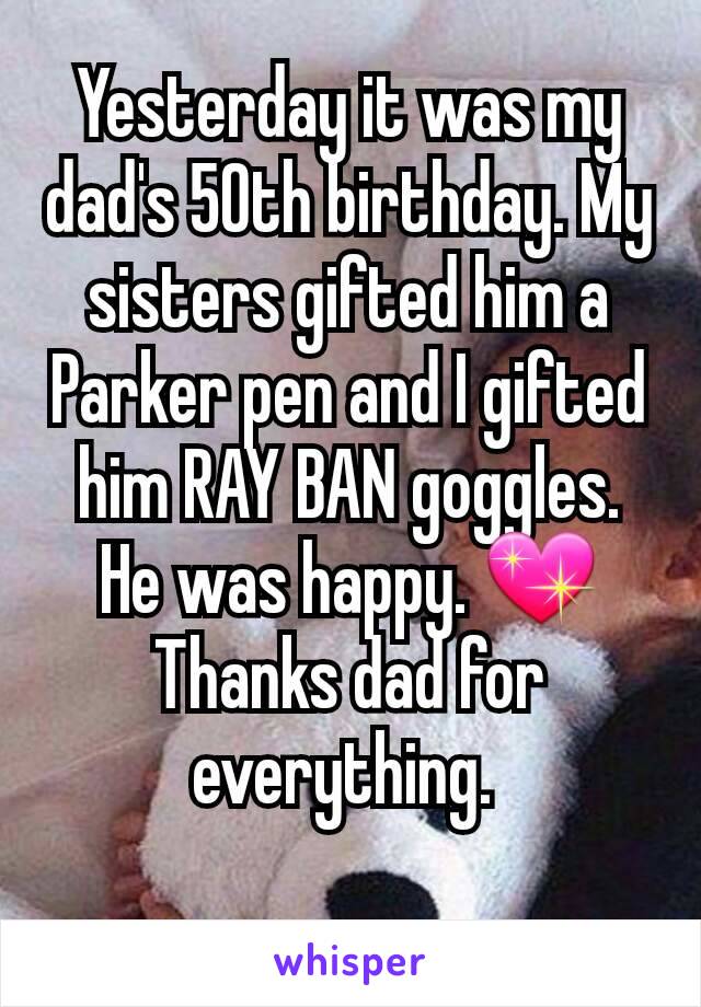 Yesterday it was my dad's 50th birthday. My sisters gifted him a Parker pen and I gifted him RAY BAN goggles. He was happy. 💖
Thanks dad for everything. 