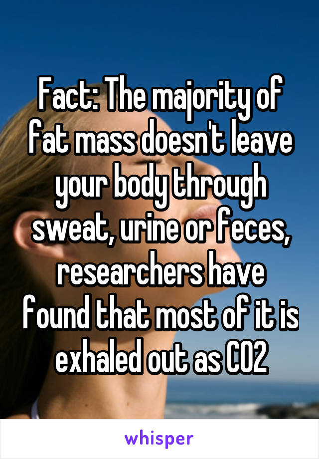Fact: The majority of fat mass doesn't leave your body through sweat, urine or feces, researchers have found that most of it is exhaled out as CO2