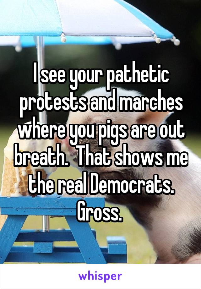 I see your pathetic protests and marches where you pigs are out breath.  That shows me the real Democrats. Gross. 