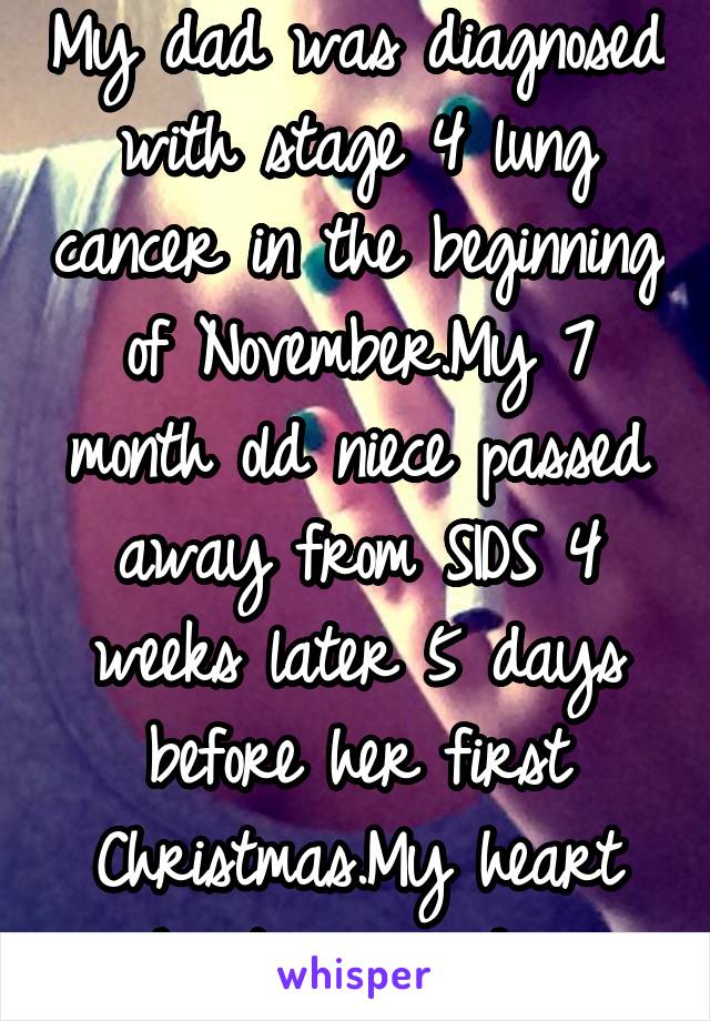 My dad was diagnosed with stage 4 lung cancer in the beginning of November.My 7 month old niece passed away from SIDS 4 weeks later 5 days before her first Christmas.My heart hurts so much. 