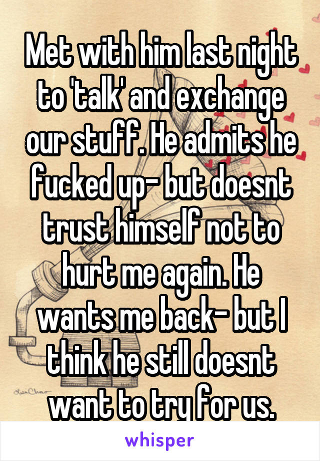 Met with him last night to 'talk' and exchange our stuff. He admits he fucked up- but doesnt trust himself not to hurt me again. He wants me back- but I think he still doesnt want to try for us.