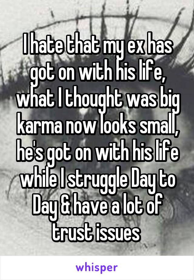 I hate that my ex has got on with his life, what I thought was big karma now looks small, he's got on with his life while I struggle Day to Day & have a lot of trust issues 