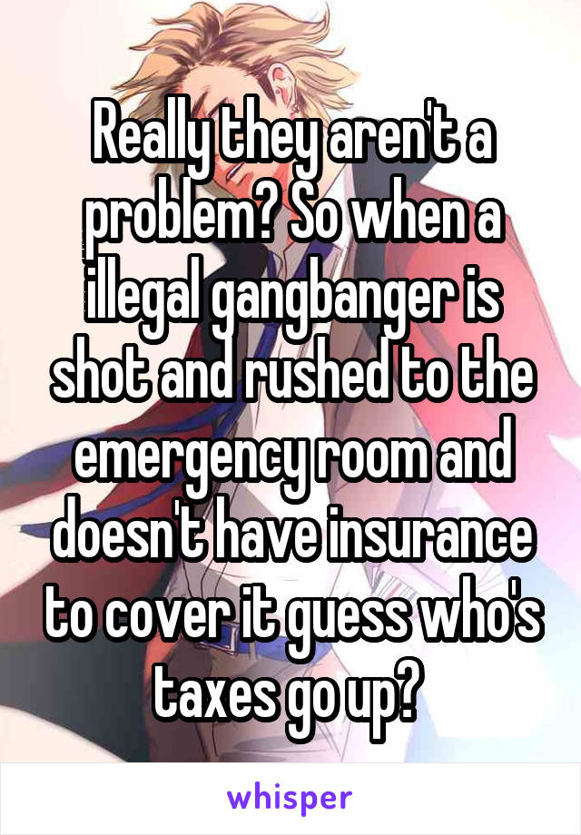 Really they aren't a problem? So when a illegal gangbanger is shot and rushed to the emergency room and doesn't have insurance to cover it guess who's taxes go up? 