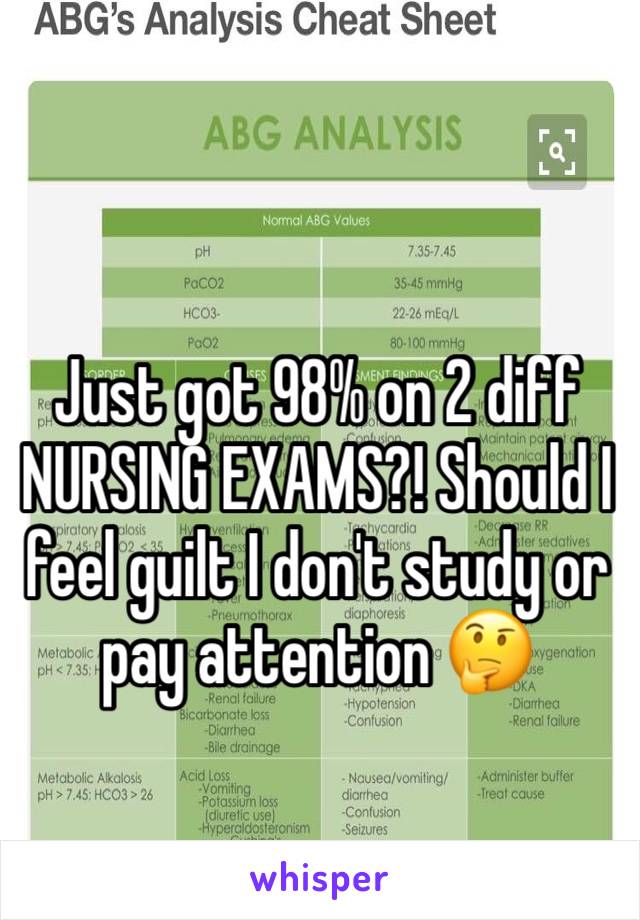 Just got 98% on 2 diff NURSING EXAMS?! Should I feel guilt I don't study or pay attention 🤔