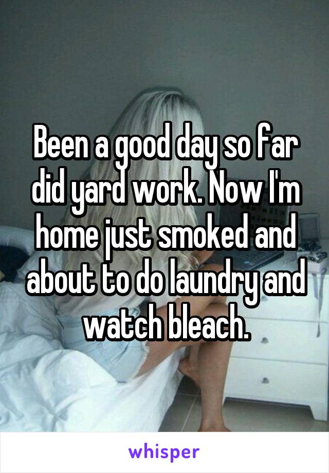 Been a good day so far did yard work. Now I'm home just smoked and about to do laundry and watch bleach.