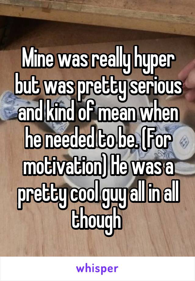 Mine was really hyper but was pretty serious and kind of mean when he needed to be. (For motivation) He was a pretty cool guy all in all though 
