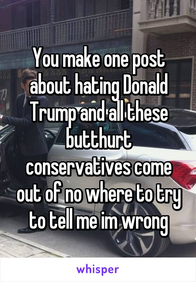 You make one post about hating Donald Trump and all these butthurt conservatives come out of no where to try to tell me im wrong