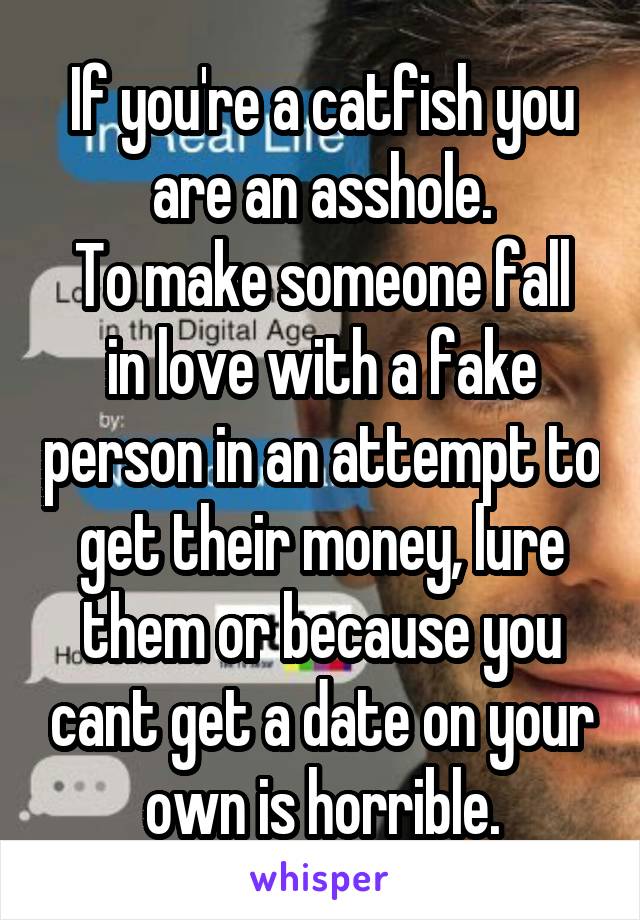 If you're a catfish you are an asshole.
To make someone fall in love with a fake person in an attempt to get their money, lure them or because you cant get a date on your own is horrible.