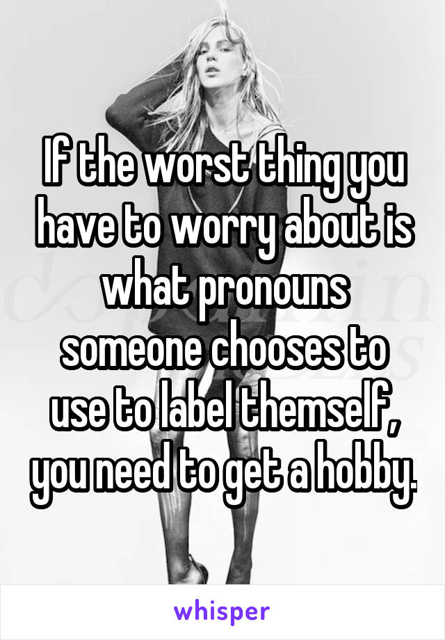 If the worst thing you have to worry about is what pronouns someone chooses to use to label themself, you need to get a hobby.