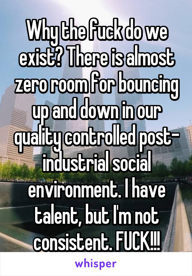 Why the fuck do we exist? There is almost zero room for bouncing up and down in our quality controlled post- industrial social environment. I have talent, but I'm not consistent. FUCK!!!