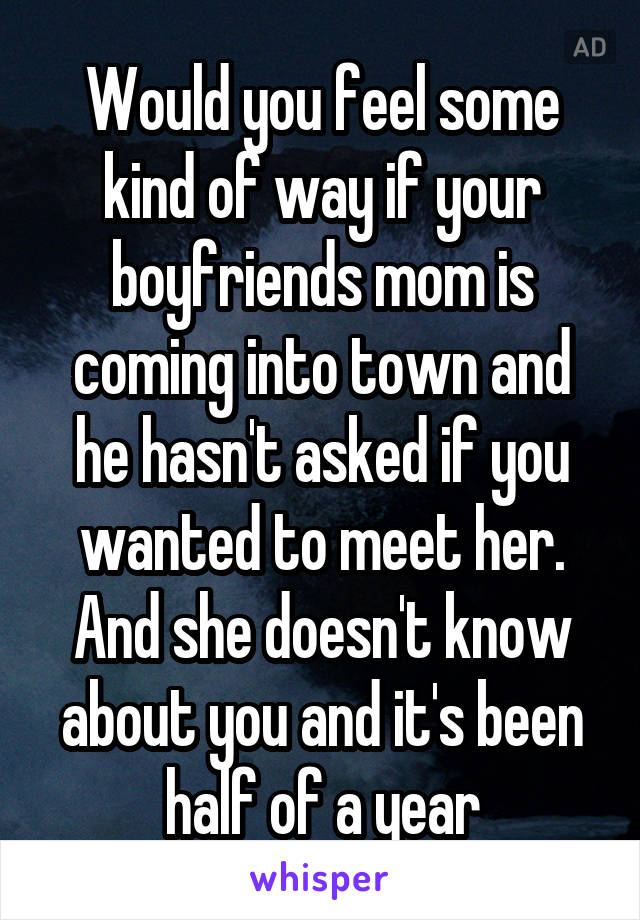 Would you feel some kind of way if your boyfriends mom is coming into town and he hasn't asked if you wanted to meet her. And she doesn't know about you and it's been half of a year