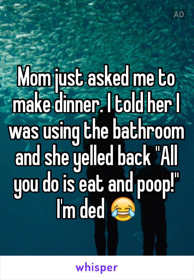 Mom just asked me to make dinner. I told her I was using the bathroom and she yelled back "All you do is eat and poop!" 
I'm ded 😂