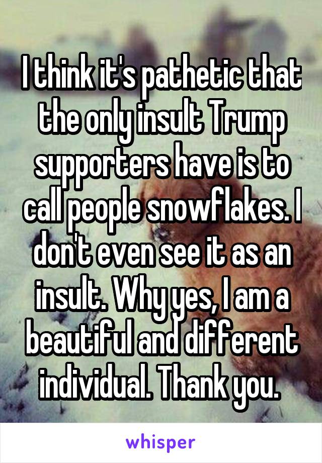 I think it's pathetic that the only insult Trump supporters have is to call people snowflakes. I don't even see it as an insult. Why yes, I am a beautiful and different individual. Thank you. 