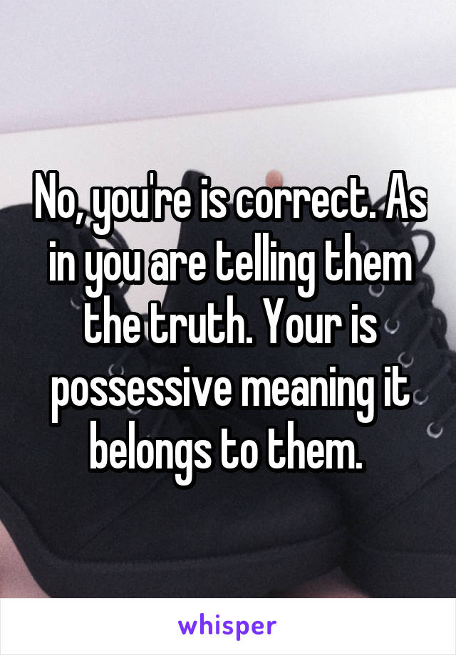 No, you're is correct. As in you are telling them the truth. Your is possessive meaning it belongs to them. 