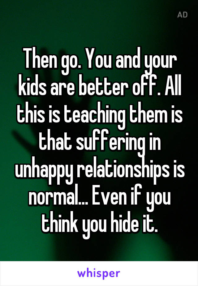 Then go. You and your kids are better off. All this is teaching them is that suffering in unhappy relationships is normal... Even if you think you hide it.