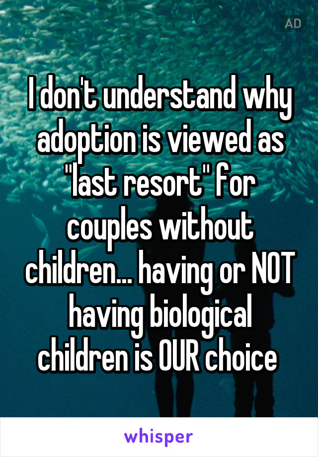 I don't understand why adoption is viewed as "last resort" for couples without children... having or NOT having biological children is OUR choice 