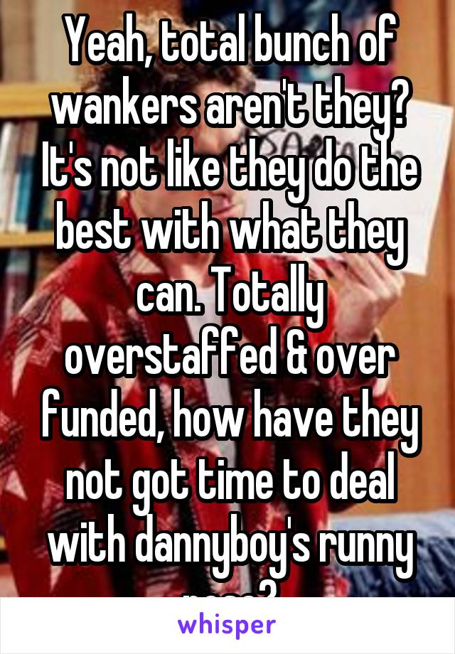 Yeah, total bunch of wankers aren't they? It's not like they do the best with what they can. Totally overstaffed & over funded, how have they not got time to deal with dannyboy's runny nose?