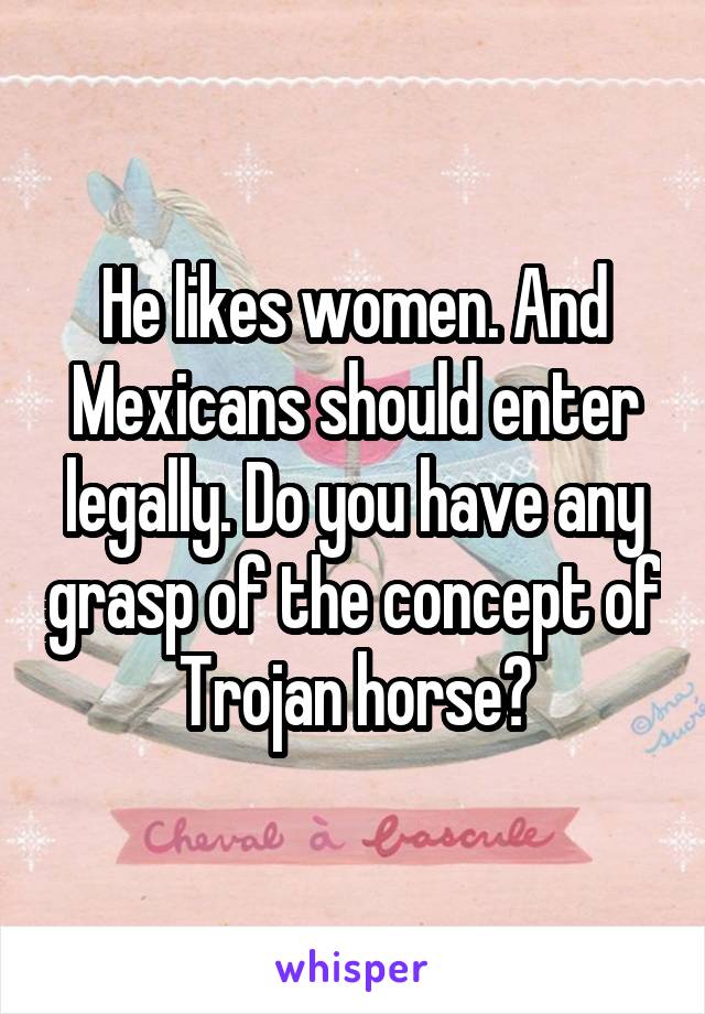 He likes women. And Mexicans should enter legally. Do you have any grasp of the concept of Trojan horse?