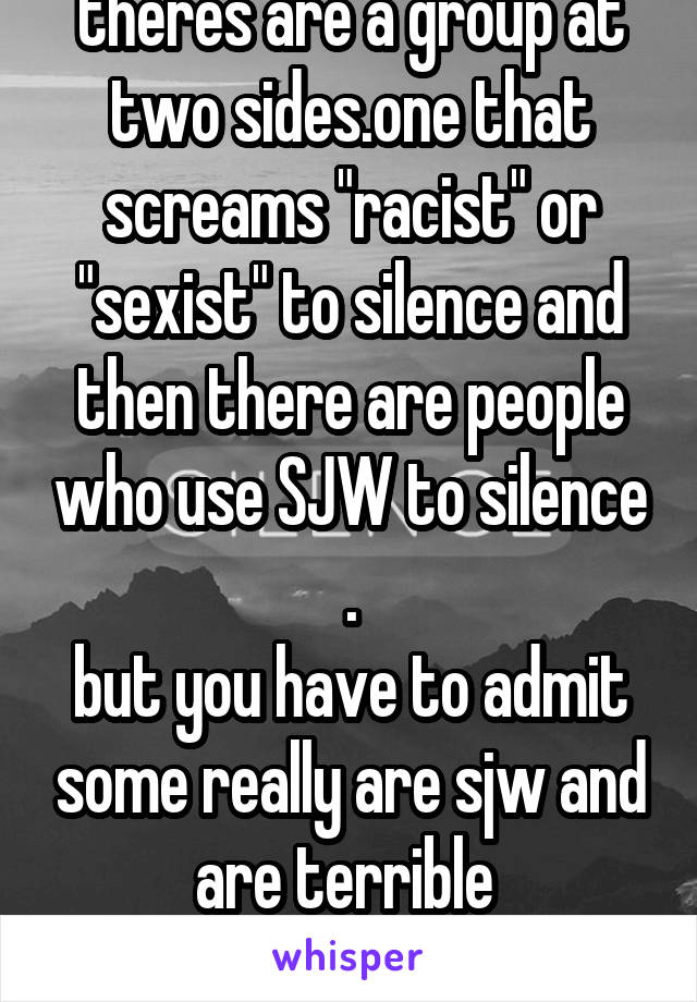 theres are a group at two sides.one that screams "racist" or "sexist" to silence and then there are people who use SJW to silence .
but you have to admit some really are sjw and are terrible 
