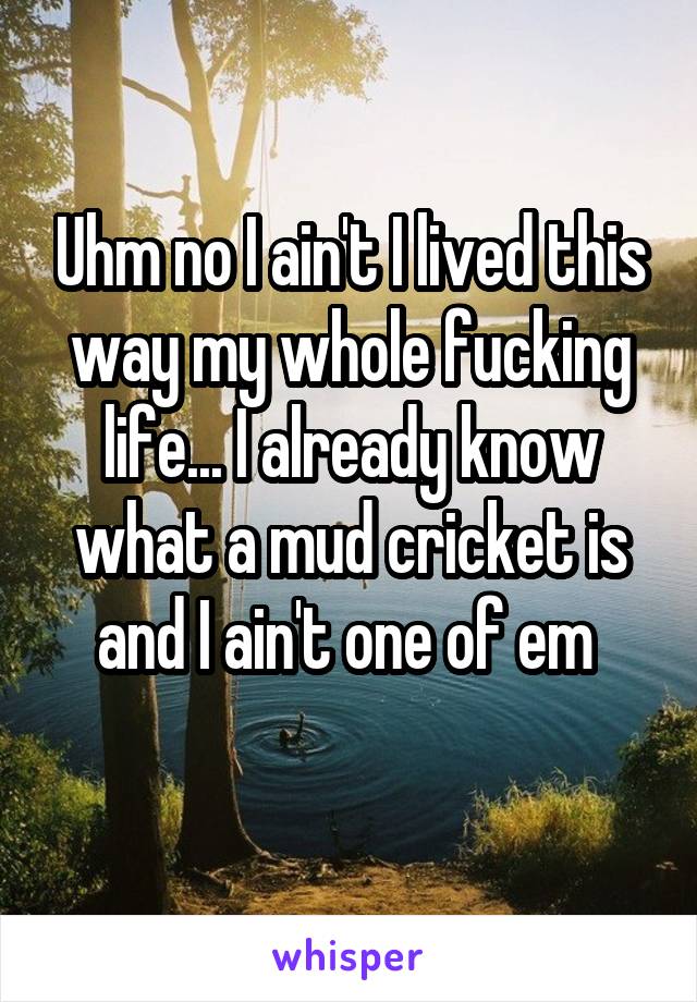 Uhm no I ain't I lived this way my whole fucking life... I already know what a mud cricket is and I ain't one of em 
