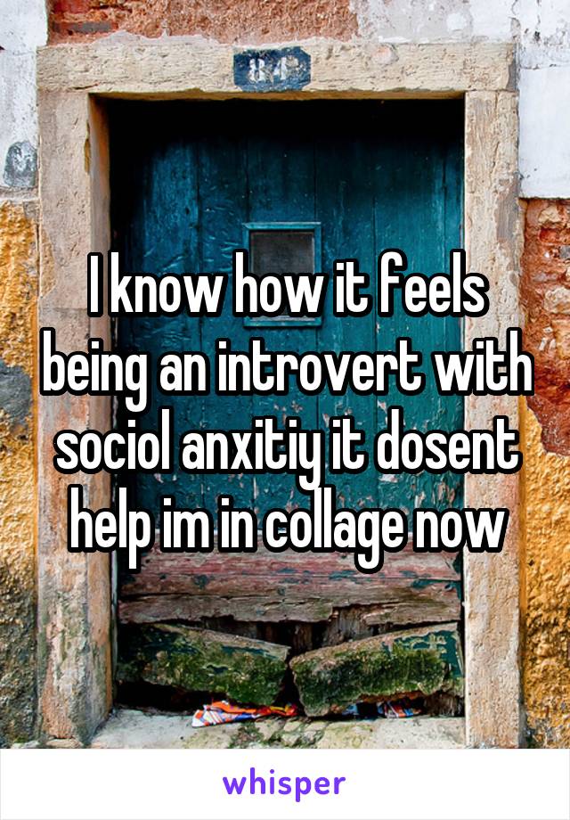 I know how it feels being an introvert with sociol anxitiy it dosent help im in collage now