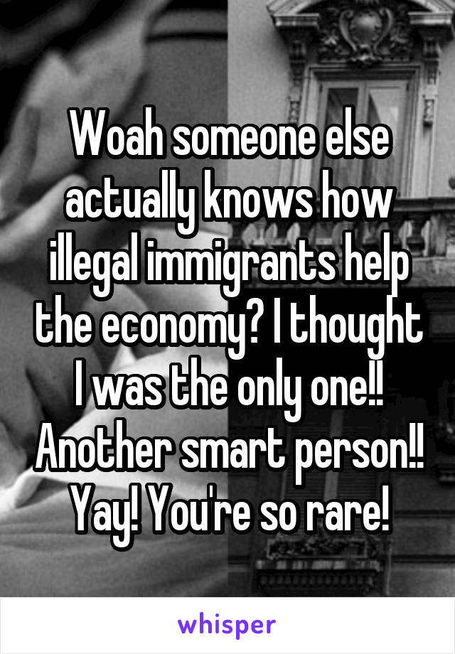 Woah someone else actually knows how illegal immigrants help the economy? I thought I was the only one!! Another smart person!! Yay! You're so rare!