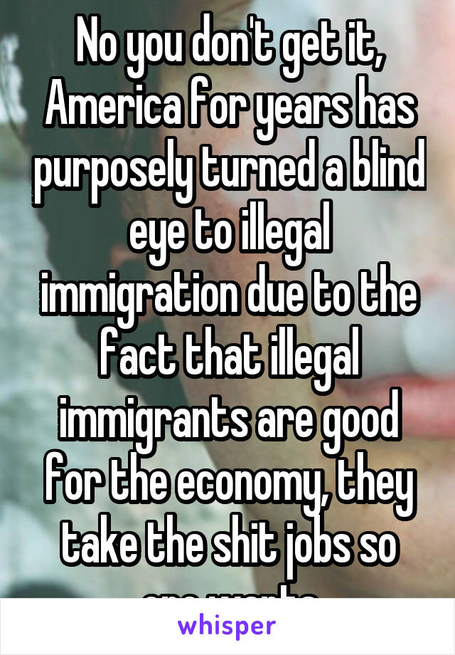 No you don't get it, America for years has purposely turned a blind eye to illegal immigration due to the fact that illegal immigrants are good for the economy, they take the shit jobs so one wants