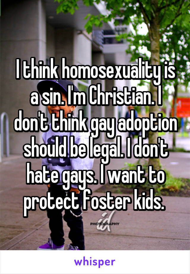 I think homosexuality is a sin. I'm Christian. I don't think gay adoption should be legal. I don't hate gays. I want to protect foster kids. 