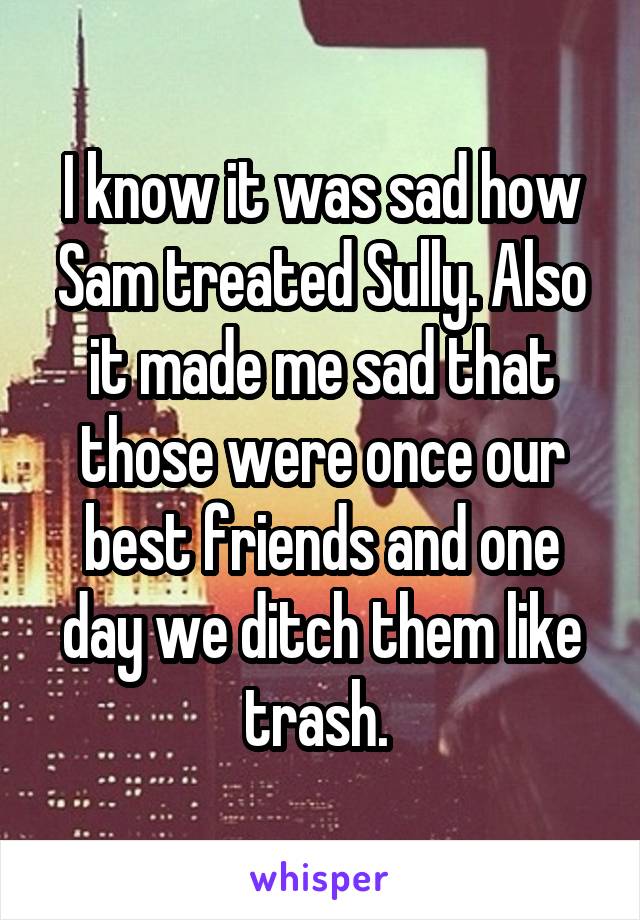 I know it was sad how Sam treated Sully. Also it made me sad that those were once our best friends and one day we ditch them like trash. 