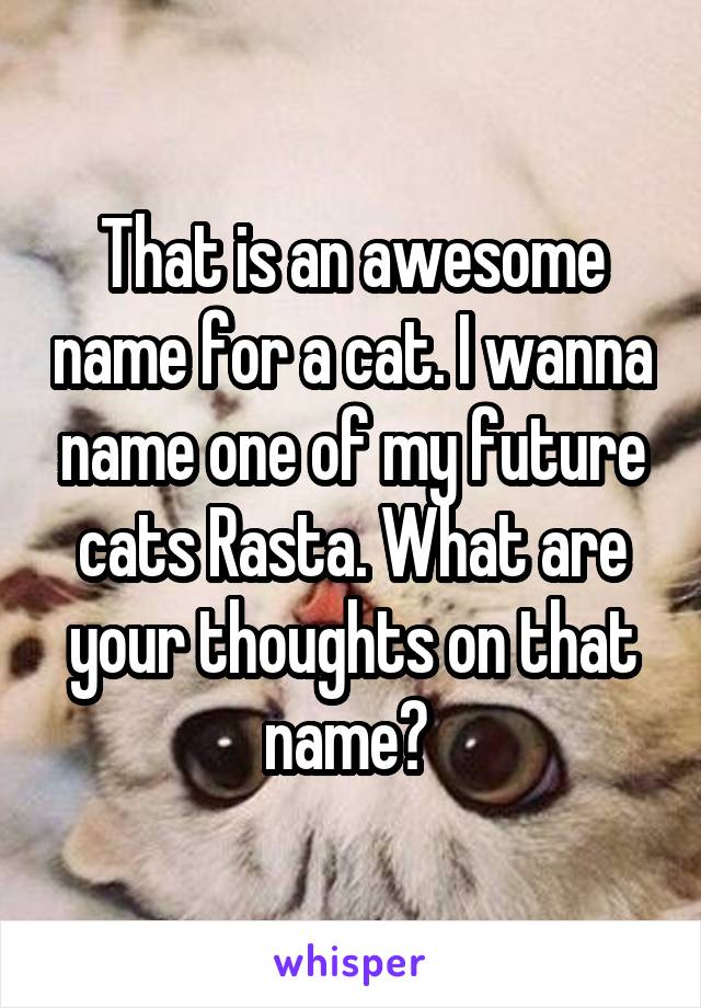 That is an awesome name for a cat. I wanna name one of my future cats Rasta. What are your thoughts on that name? 