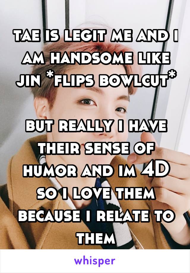 tae is legit me and i am handsome like jin *flips bowlcut*

but really i have their sense of humor and im 4D so i love them because i relate to them