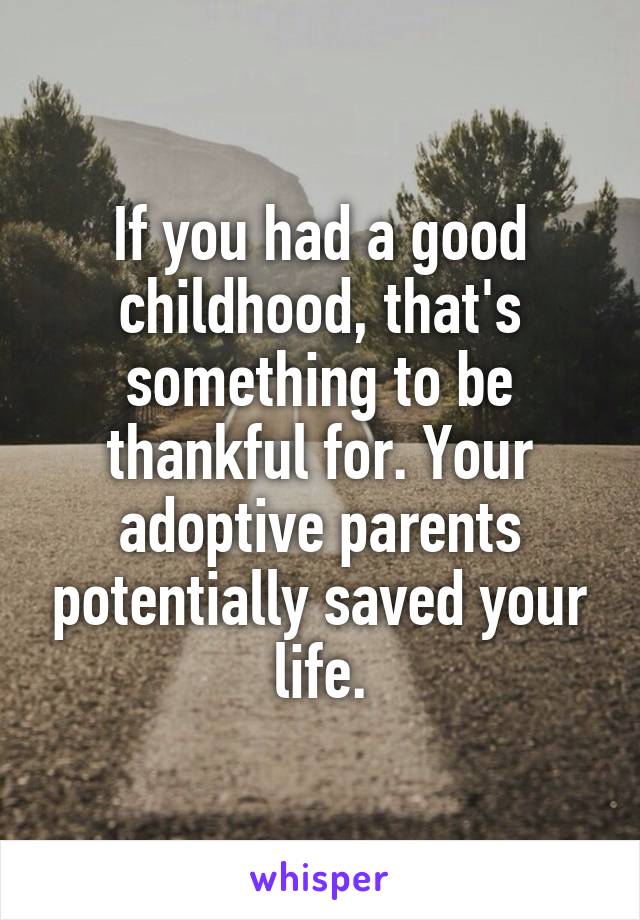 If you had a good childhood, that's something to be thankful for. Your adoptive parents potentially saved your life.