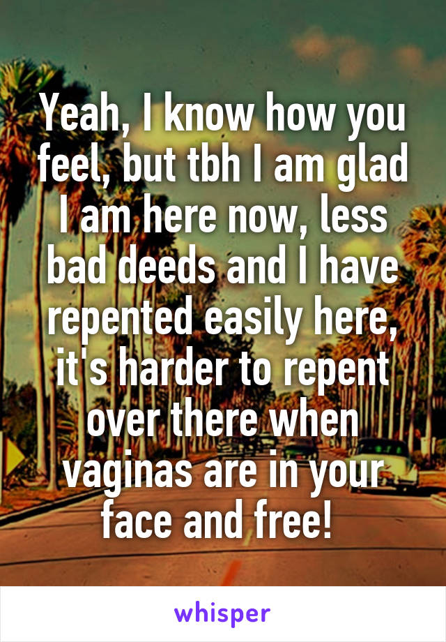 Yeah, I know how you feel, but tbh I am glad I am here now, less bad deeds and I have repented easily here, it's harder to repent over there when vaginas are in your face and free! 