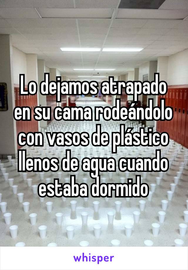 Lo dejamos atrapado en su cama rodeándolo con vasos de plástico llenos de agua cuando estaba dormido