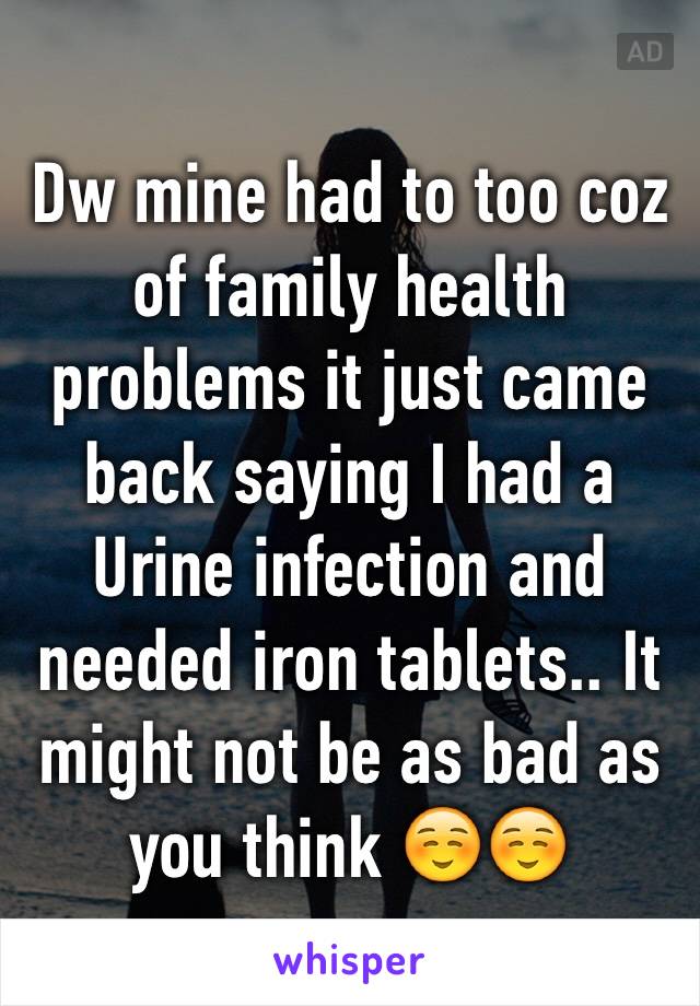 Dw mine had to too coz of family health problems it just came back saying I had a Urine infection and needed iron tablets.. It might not be as bad as you think ☺️☺️