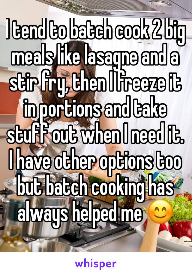 I tend to batch cook 2 big meals like lasagne and a stir fry, then I freeze it in portions and take stuff out when I need it. I have other options too but batch cooking has always helped me 😊