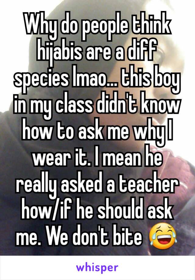 Why do people think hijabis are a diff species lmao... this boy in my class didn't know how to ask me why I wear it. I mean he really asked a teacher how/if he should ask me. We don't bite 😂