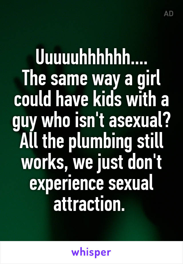 Uuuuuhhhhhh....
The same way a girl could have kids with a guy who isn't asexual?
All the plumbing still works, we just don't experience sexual attraction. 