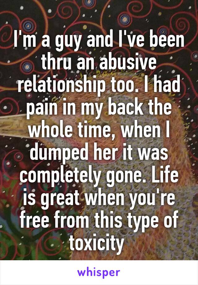 I'm a guy and I've been thru an abusive relationship too. I had pain in my back the whole time, when I dumped her it was completely gone. Life is great when you're free from this type of toxicity 