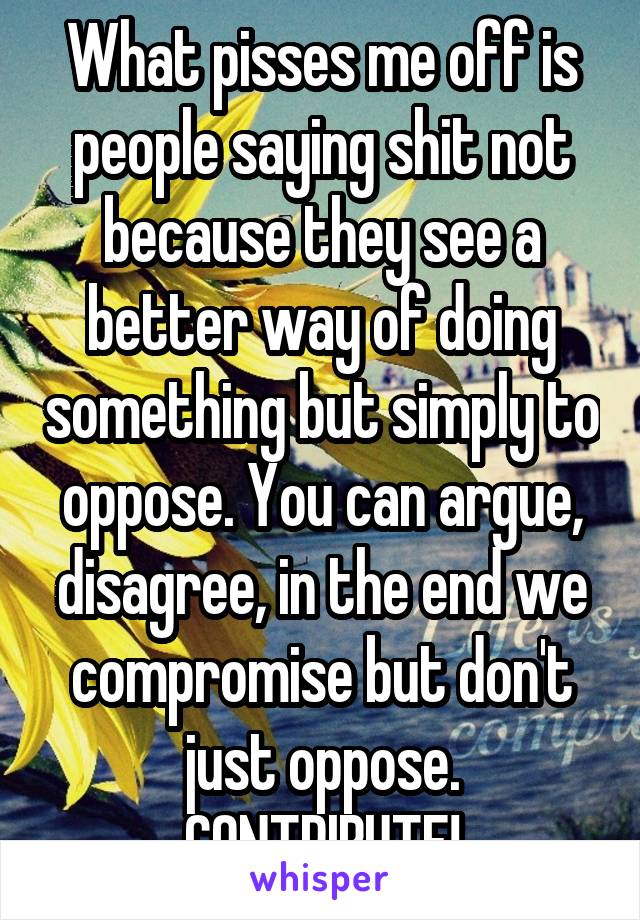 What pisses me off is people saying shit not because they see a better way of doing something but simply to oppose. You can argue, disagree, in the end we compromise but don't just oppose. CONTRIBUTE!