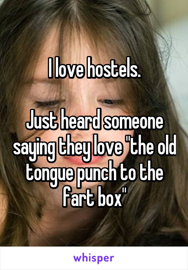 I love hostels.

Just heard someone saying they love "the old tongue punch to the fart box"