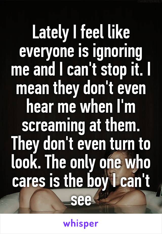 Lately I feel like everyone is ignoring me and I can't stop it. I mean they don't even hear me when I'm screaming at them. They don't even turn to look. The only one who cares is the boy I can't see