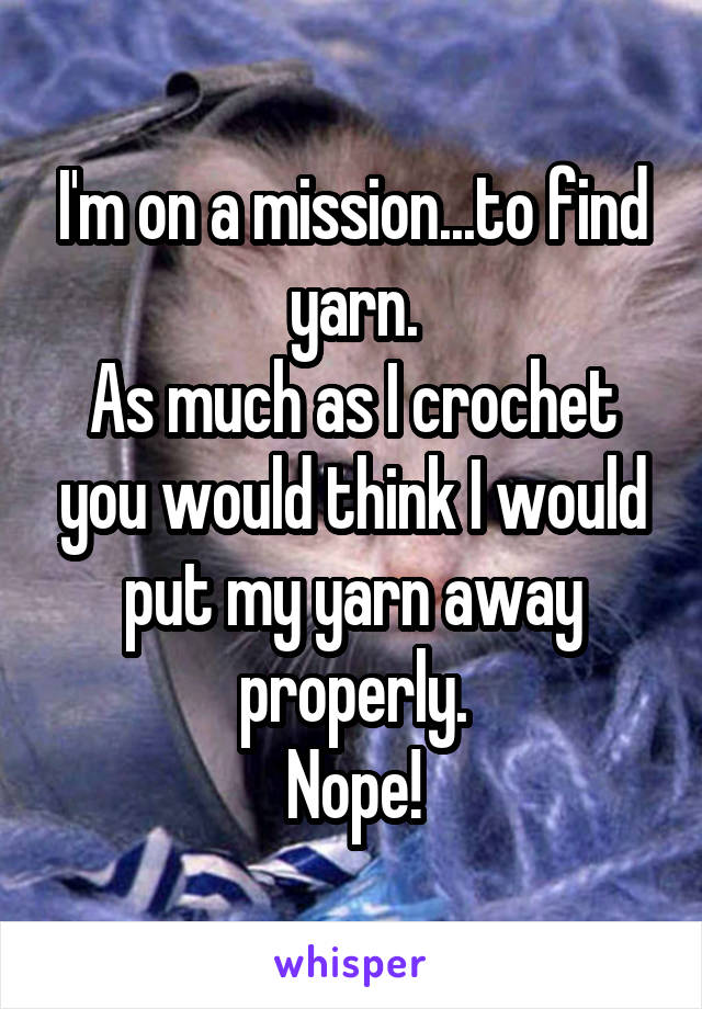 I'm on a mission...to find yarn.
As much as I crochet you would think I would put my yarn away properly.
Nope!